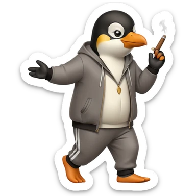 friendly anthropomorphised penguin wearing a mafia-style tracksuit, holding a cigar, secretive scheming pose, angry expression, stomping while walking sticker