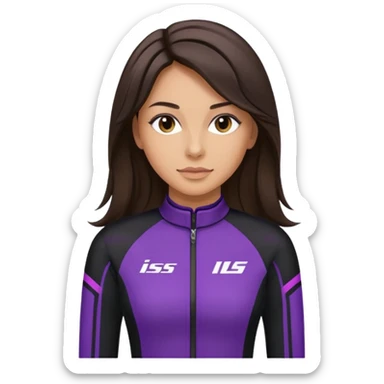 brunette long hair woman with black racing outfit with single purple strips sticker