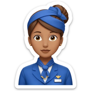Light Brown skin flight attendant, brown hair in a bun, blue uniform, blue neck scarf sticker