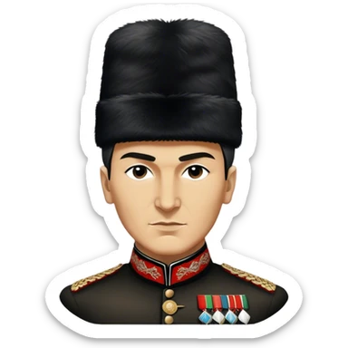 ​Cinematic Realistic Portrait of a Young Mustafa Kemal Atatürk, depicted wearing an iconic tall black fur hat along with traditional attire, his confident, visionary expression illuminated by warm, inspiring lighting, rendered with rich historical textures that capture his youthful dynamism and transformative leadership, sticker