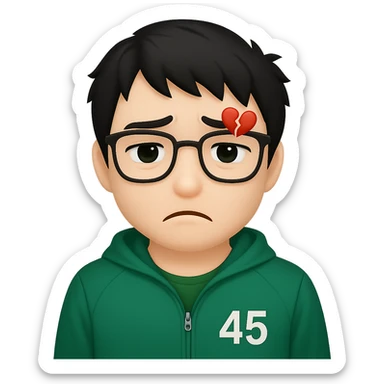 Edit the male character in a green Squid Game tracksuit with the number 456. Remove any cash or banknote from his hand. Make his glasses black. Keep his tired and emotional face with messy black hair, sad eyes, and a subtle heartbroken expression. The style should be cartoon emoji style with no paper or cash visible. sticker