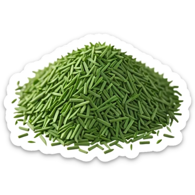 loose scatter of finely chopped dry green herb bits, short tubular shapes, crisp matte texture, uniform thin straight pieces, vibrant to muted green tones, evoking dried chive stalks, soft lighting, subtle shadows, emoji scale sticker