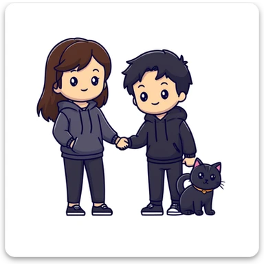 A girl with long brown hair holding the hand of a boy with black hair, both dressed in black, holding a cat and dog sticker
