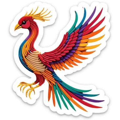 String art icon, colorful threads forming a large, intricate phoenix (firebird) design, geometric patterns, pins on a board, vibrant colors, minimalistic style, clean lines, transparent background. sticker