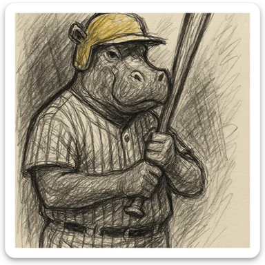 hippo holding a baseball bat, wearing a yellow helmet, pinstripes outfit sticker