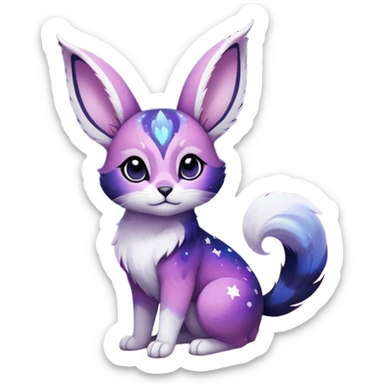Colorful black-violet-indigo-purple-pink-gradients nebulae nebula white stars-sparkles-markings galactical shiny white-stars-patterned glorious iridescent divine exotic cute cool beautiful realistic Meloetta-caracal-civet-sergal-bunny-oncilla-animal-Fakémon-hybrid-fursona (full body) sticker