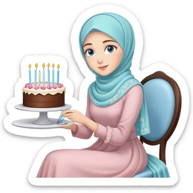 Turkish beautiful finish Konya girl blue eyes with pastel hijab long tail dress and sits on the chair and holds floral cake with her hand  sticker