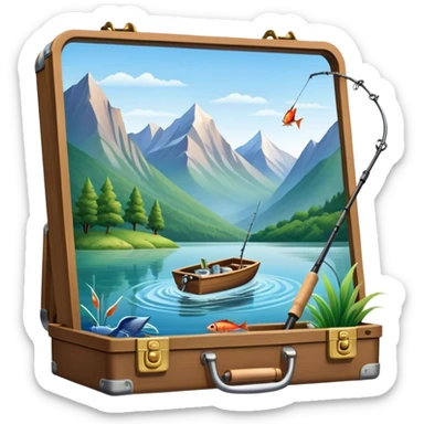 Icon for Fishing Travel: a boat on a calm lake surrounded by mountains and lush greenery, with fish jumping out of the water, a fishing rod, tackle box. The icon should capture the peaceful and adventurous nature of fishing trips. Transparent background. sticker