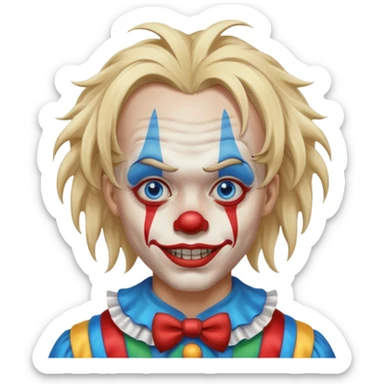 creepy clown boy with messy very long long blonde hair, blue eyes sticker