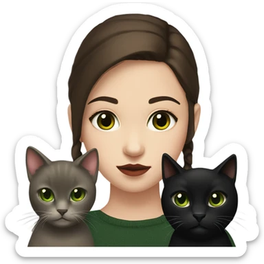 A teenage girl with white skin, she have some green hazel eyes, red lipstick, mid long straight dark brown hair, she have an eyeliner and she is holding a black cat in her arms, view from close sticker