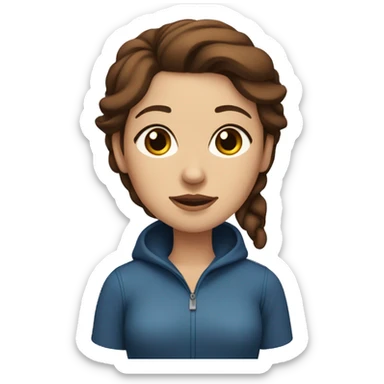 A brown-haired woman with blue eyes with black pit bull sticker