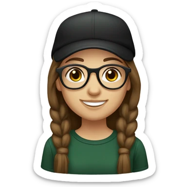 Slavic girl, light skin, smiling with teeth, round brown eyes, spotted frame glasses, long brown straight hair, black T-shirt, dark green cap, black badge ribbon. sticker