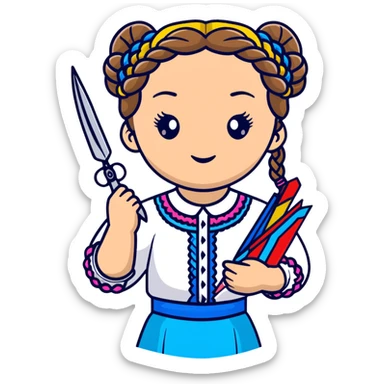 Ukrainian young girl with braided hair wearing a white embroidered traditional shirt (vyshyvanka) holding scissors and colorful craft paper sticker