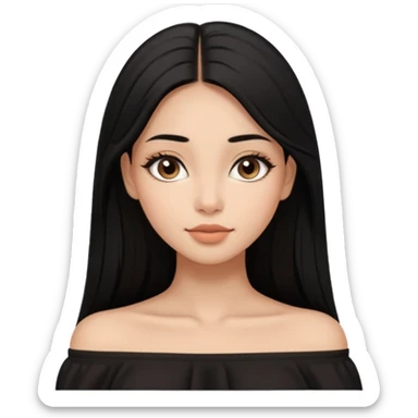 A realistic 3D avatar of a young woman with a soft oval face, slim cheeks, natural almond eyes, long straight black hair, minimal makeup, wearing a black off-shoulder top, elegant and aesthetic, brown skintone, add nosepin at left side.  sticker