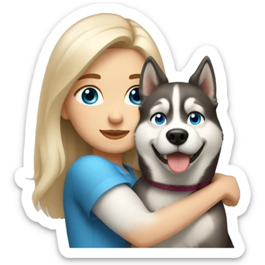 a girl with blue eyes and light-blond hair hugs a husky dog ​​with brown eyes sticker