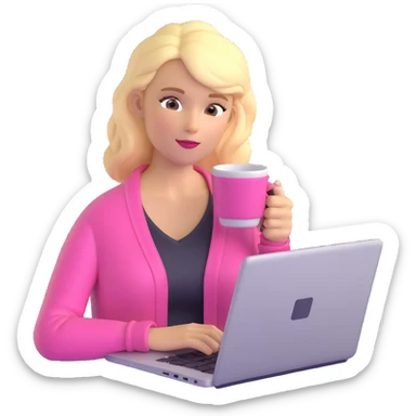 blonde woman in a pink cardigan focused on a laptop with a coffee cup beside her sticker