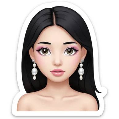 asian long black hair silver grey eyes glossy lips glittery white and light pink eyeshadow girl pearl earrings sticker