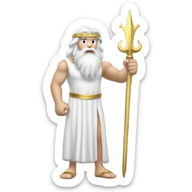 white man Poseidon with gold trident. long white hair white dress. with mechanic cap sticker