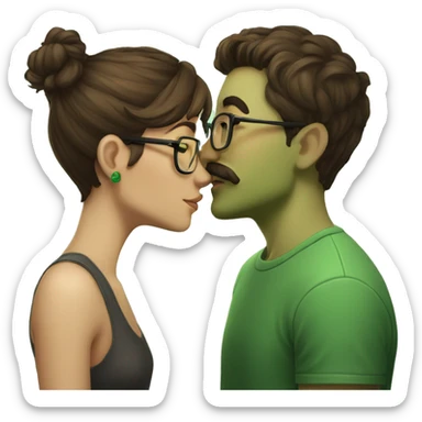 A heavy set boy with brown hair and a mustache is kissing a green haired girl who is thin and wearing glasses both have tattoos sticker