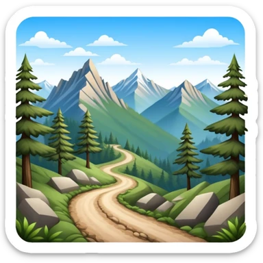 a forest trail or rocky mountain road. The background shows dense trees, steep slopes, and distant peaks under a clear blue sky. sticker