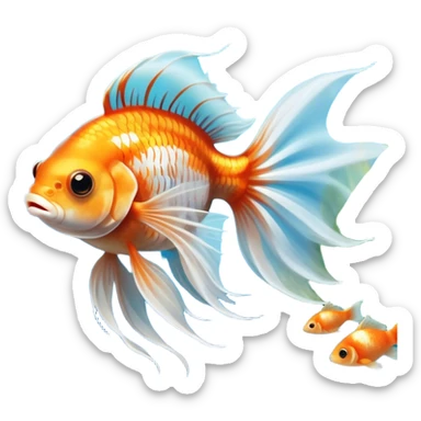 Large aquarium fish like veil tails and lionhead goldfish swimming gracefully in a beautifully decorated aquarium. Colorful aquatic plants, smooth rocks, and gentle bubbles surround the fish. The water shimmers in sunlight, creating a peaceful and vibrant underwater scene. Transparent background. sticker