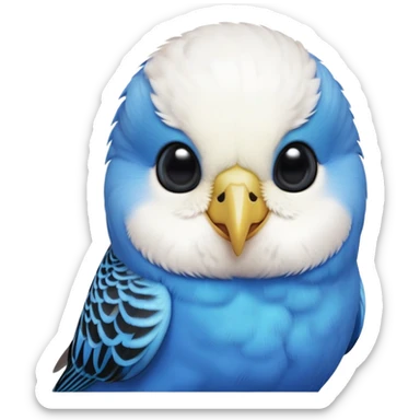 cinematic-cute-blue-budgie-portrait-emoji,-head-tilted-playfully-and-inquisitively,-featuring-a-brilliant-blue-feathered-fur-and white and black feathered face-with-a-natural-sheen,-round,-sparkling-dark-eyes-filled-with-curiosity,-simplified-yet-irresistibly-adorable sticker