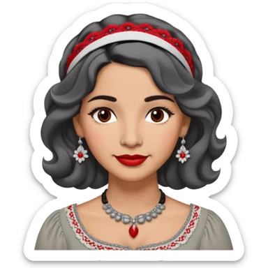 Latina woman, 50s, warm light brown skin, round soft face, wavy black and gray hair, red and white headband, medium eyes, thin eyebrows, gentle smile, gray peasant blouse, decorative embroidery, bare shoulders, large dark necklace sticker