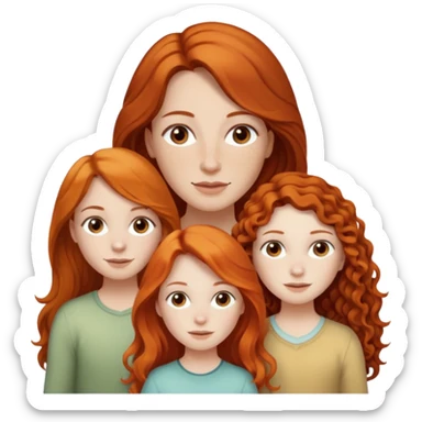 Give me a mom with long neutral brown hair, white skin. Then make daughters, the first one with pale skin, freckles, long orange hair. The other has long dark curly brunette hair with slightly tanner skin, but still caucasian. sticker