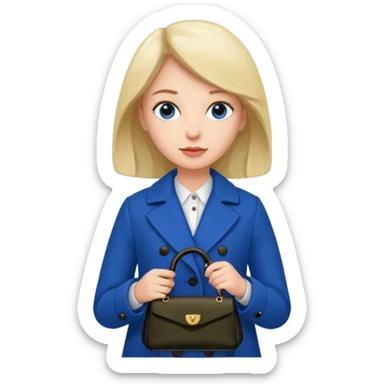 woman in blue coat, handbag sticker
