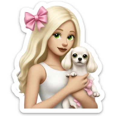 pale blond girl with long platinum hair with green eyes holding a white chihuahua puppy that wearing a pink bow sticker