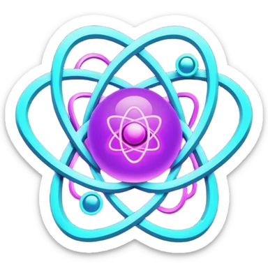 futuristic minimalistic logo icon, glowing atom core with orbiting energy rings, neon purple (#8B5CF6) and cyan (#00E0FF) glow, representing Atom team creativity and innovation, dark background, clean tech design, no face, 1:1 aspect ratio sticker