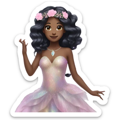 Iridescent fairy flying long black hair, flowers in hair, clear glitter wings, gorgeous ball gown, rose quartz jewelry  sticker