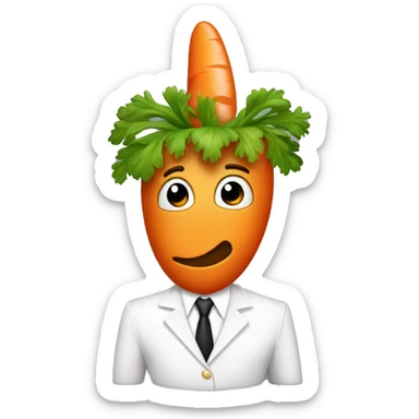 A carrot that’s alive in a white suit with brown elvis hair sticker