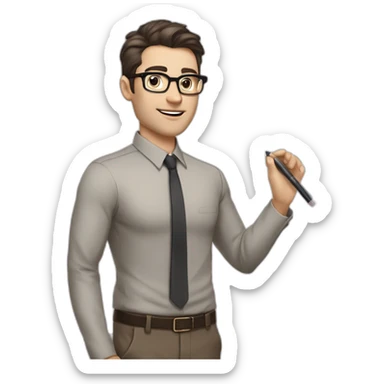 Pale skinned fit man with dark brown hair in gray jacket, beige office shirt, brown tie, brown pants and vintage glasses Writing on the marker board sticker