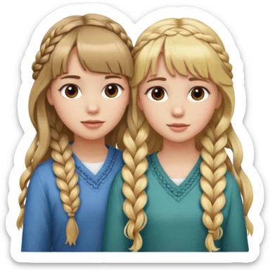 Sister with bangs and long wavy blonde hair and her sister with brown hair with bangs and longb hair braided to one side.  Close loving sisters💛 sticker