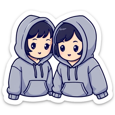 Two adorable Japanese girls with black hair wearing casual Western clothing like hoodies or blouses, their cheeks touching, kawaii style sticker