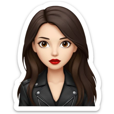 brunette with very long hair in black cuir jacket with red lips and very dark brown eyes sticker