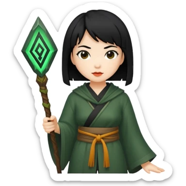 east asian forest mage woman short black hair rune sticker
