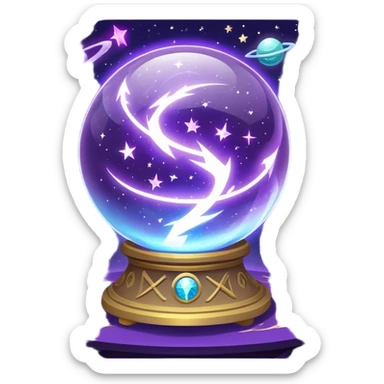 A mystical, glowing crystal ball with swirling sparkles and lightning bolts inside, surrounded by zodiac signs and planets floating in space, with tarot cards spread out on the table around the ball. Use bright purples, blues, and golds to create a magical, mysterious vibe. transparent background.  sticker