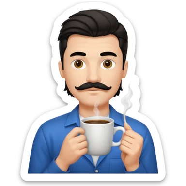generate an ios genmoji of a fair young guy with black mustache, mullet hairstyle, drinking coffee sticker