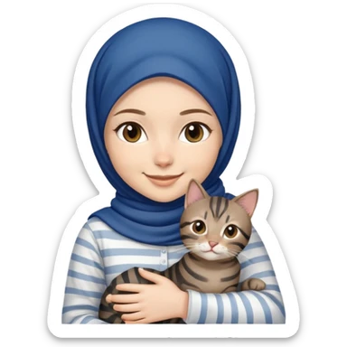 White girl wearing dark blue hijab with white shirt smiling while holding a black grey brown stripes tabby cat sticker