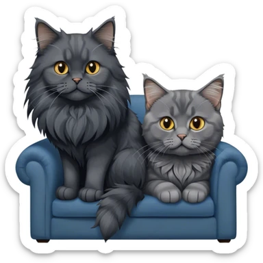 Portrait of a black smoke Maine Coon cat with long grey ear tufts, alongside a British Shorthair cat with a solid blue coat on sofa. Both cats with detailed fur textures and playful expressions. Soft, elegant background of room with warm, natural tones. Transparent background. sticker