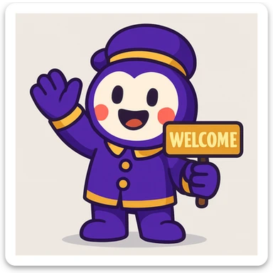 friendly mascot character standing front-and-center, one arm raised in a welcoming wave, holding a small 'Welcome' sign in gold letters, outfit in Qame purple (#4B2091) with gold accents, soft drop shadows, simple light-grey gradient background sticker
