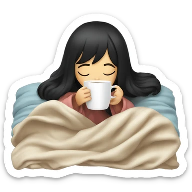Asian girl inside a blanket sipping coffee eyes closed black hair sticker