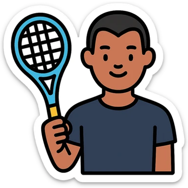 light brown skinned male tennis coach, short straight black hair with widow's peak, oval face, small eyes, smiling, holding blue Yonex tennis racket, wearing dark navy blue dry fit shirt sticker