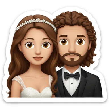 wedding couple woman with long straight brown hair and eyes man with long brown curly hair and facial hair sticker