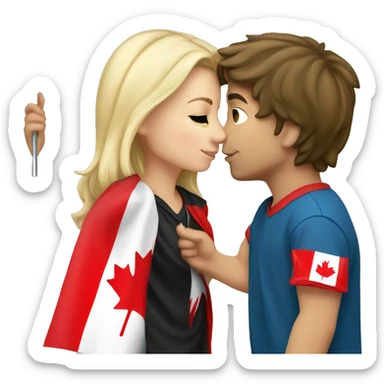 blonde girl kissing brunette boy holding canadian flag sticker