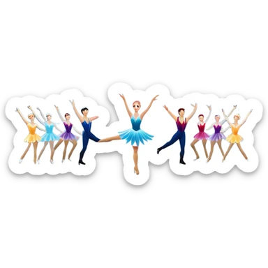 An icon of a theatrical ice show with close-up costumed figure skaters performing a dramatic scene on a glowing ice stage. Spotlights, colorful scenery, and a cheering audience in a grand arena convey the magic and artistry of the ice performance. Transparent background included. sticker