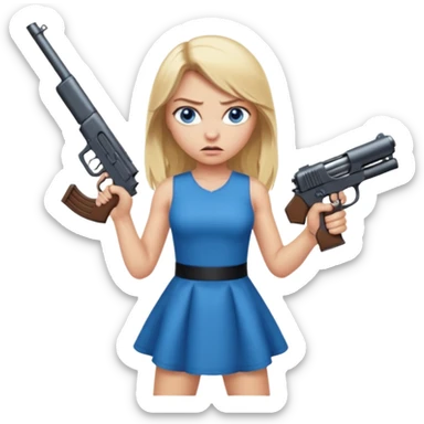 Beautiful  blue eye blonde Long Hair Gangsta girl in a short sexy  Dress Looks angry  with a big gun sticker