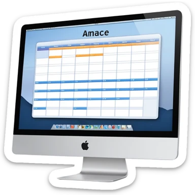 front-facing iMac showing a day schedule with vertical hours (9am, 10am, 11am) and horizontal client slots, some slots clearly booked sticker